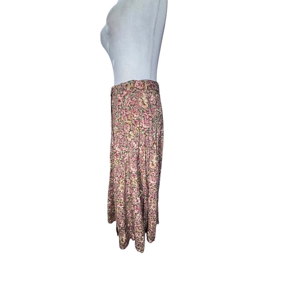 Vintage Floral Flowing Midi Skirt Pink Rose Print Button Front Cottage Romantic - Picture 3 of 11